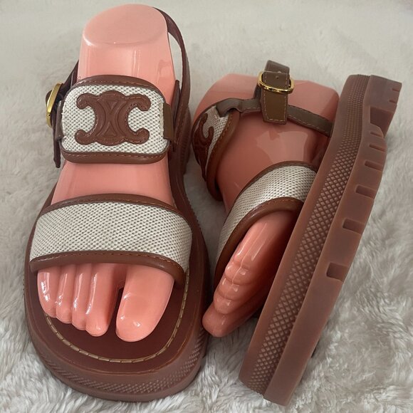Celine Clea Brown Leather Beige Fabric Sandals Size: 7 - Picture 1 of 11